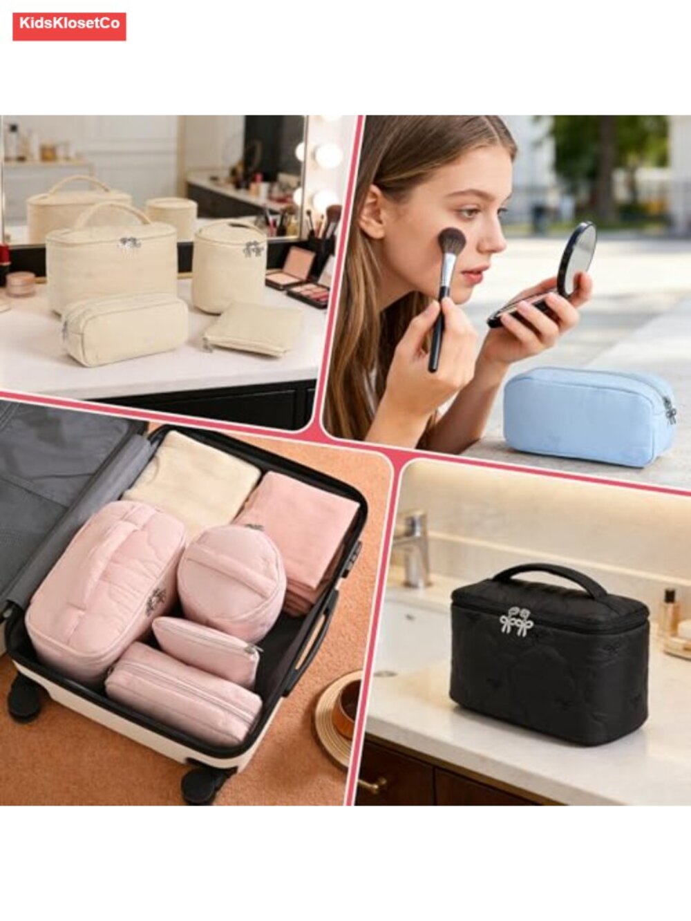 4-Piece Quilted Makeup Bag Set with Bow Zippers, Waterproof Nylon Travel - Picture 5 of 6